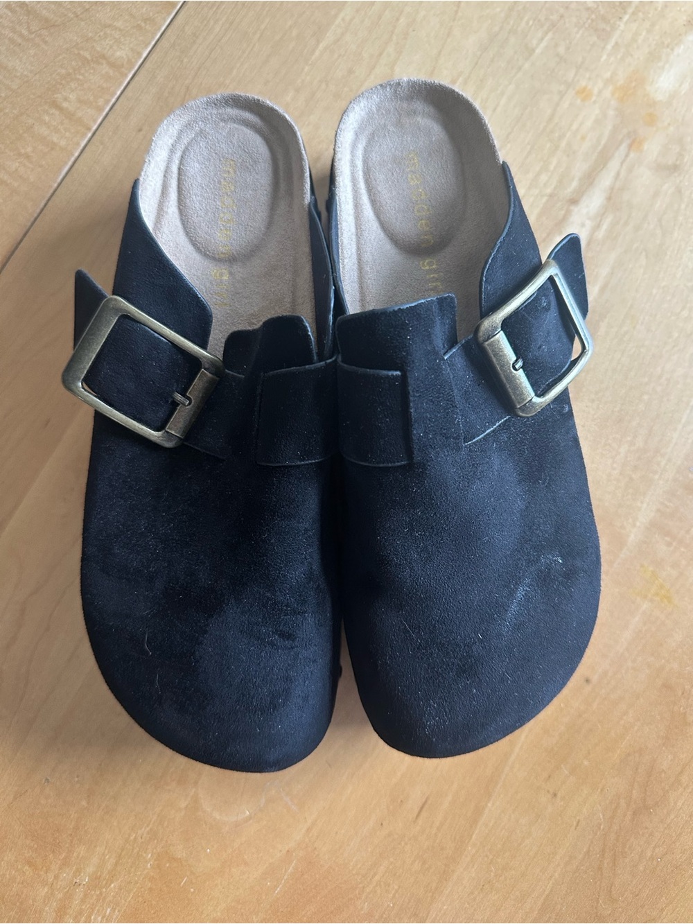Madden Girl Black Suede Slip-On Clogs with Buckle